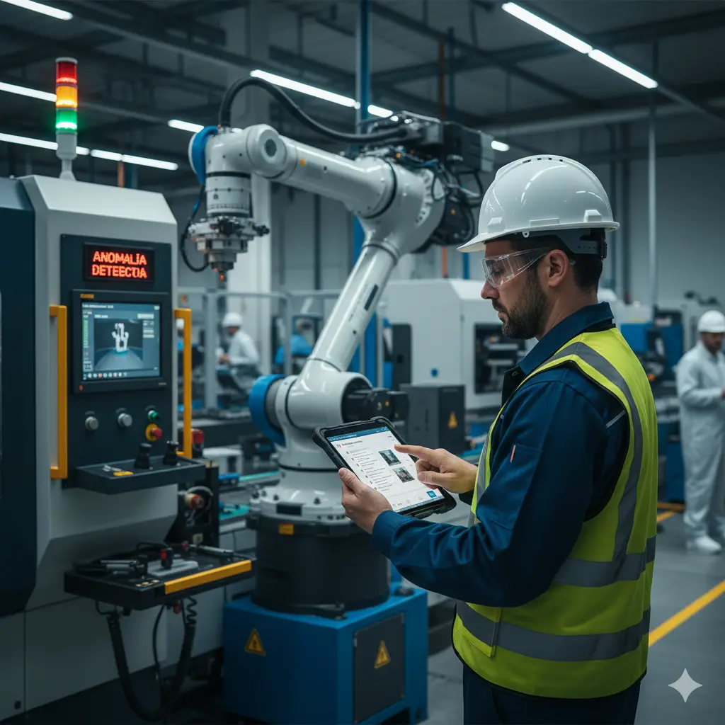 operario de producción utilizando un sistema mes con IA en manufactura